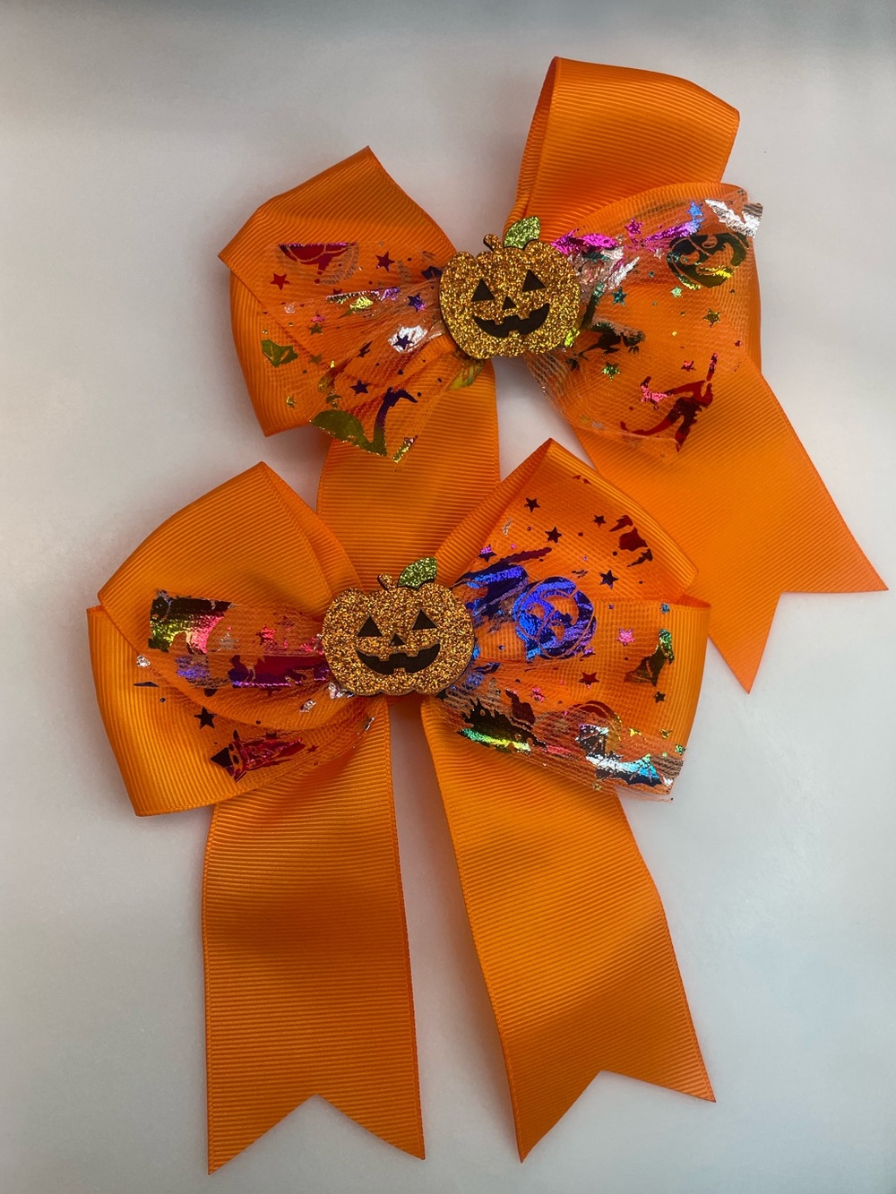 Kids Halloween Pumpkin Bow Hair Clips - Orange Glitter Jack-O'-Lantern